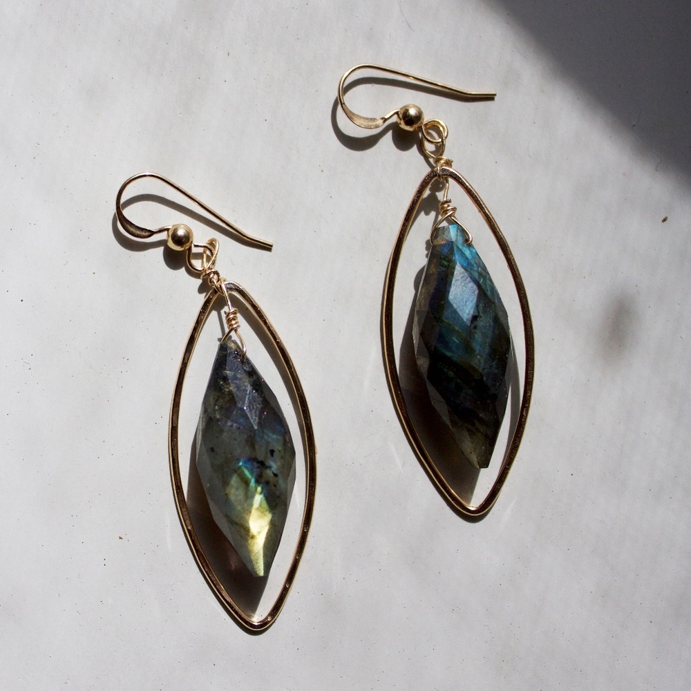 Gold Fill Labradorite (multicolored stone) Hammered Marquis Earrings